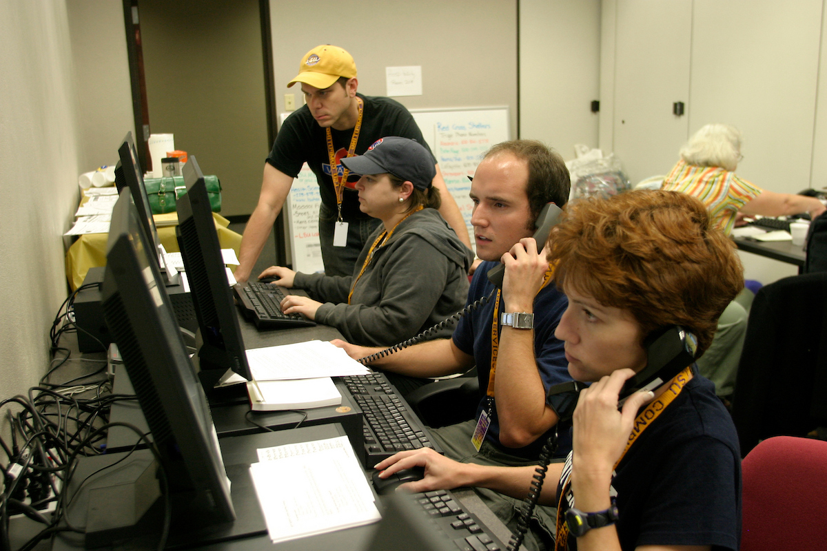 LSU personnel staff a call center on campus