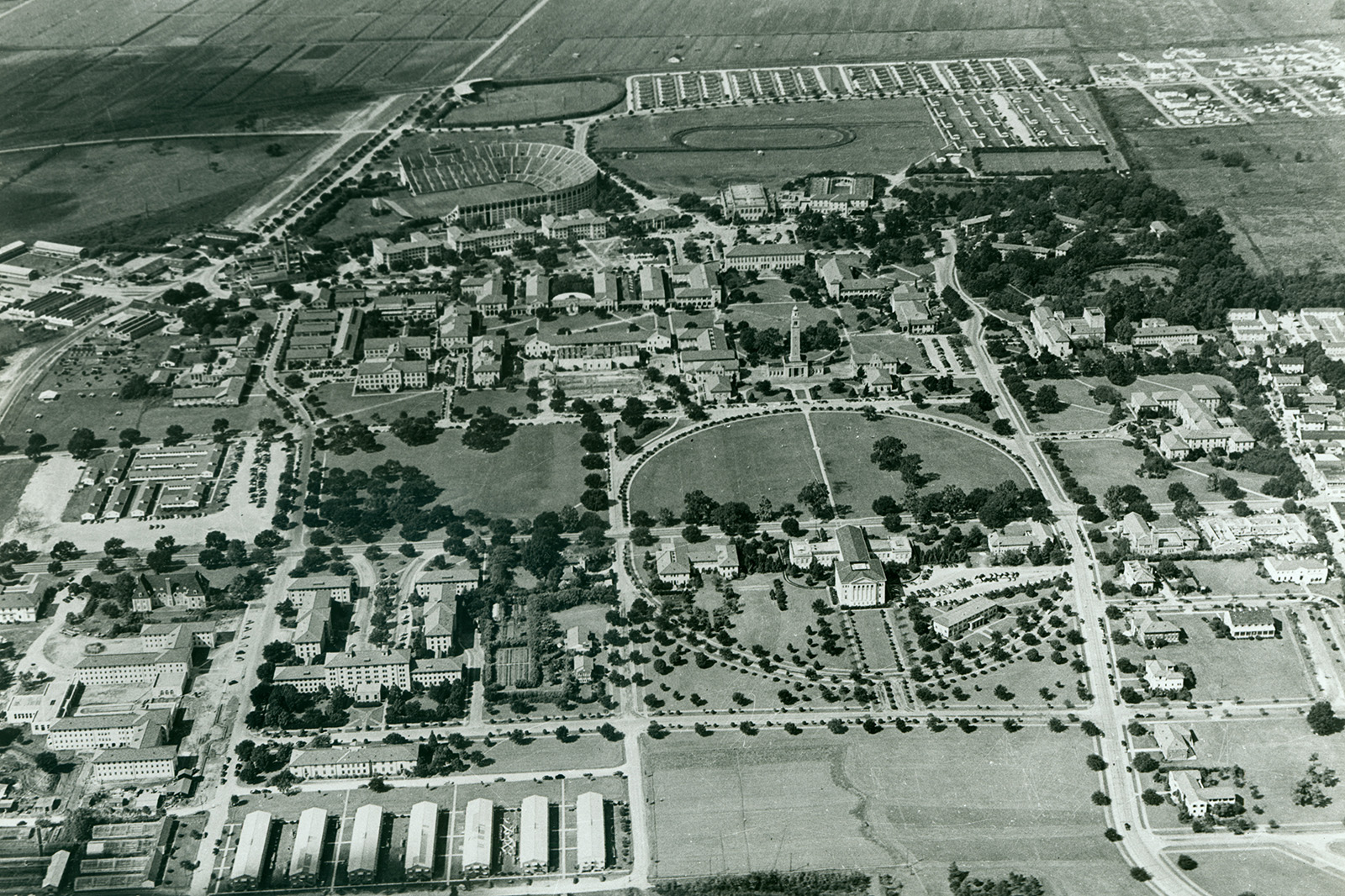 Aerial photograph of LSU Campus featuring oak grove, 1950, Office of Public Relations Records, A020, University Archives
