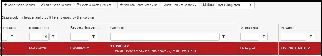 Listing of waste containers with the newly created at the top