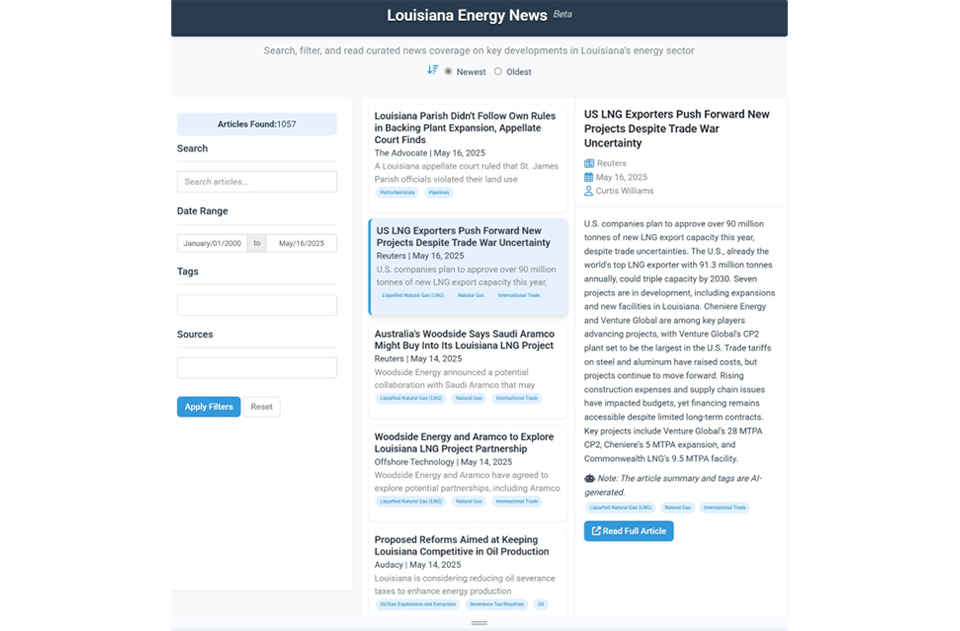 Screenshot of news dashboard
