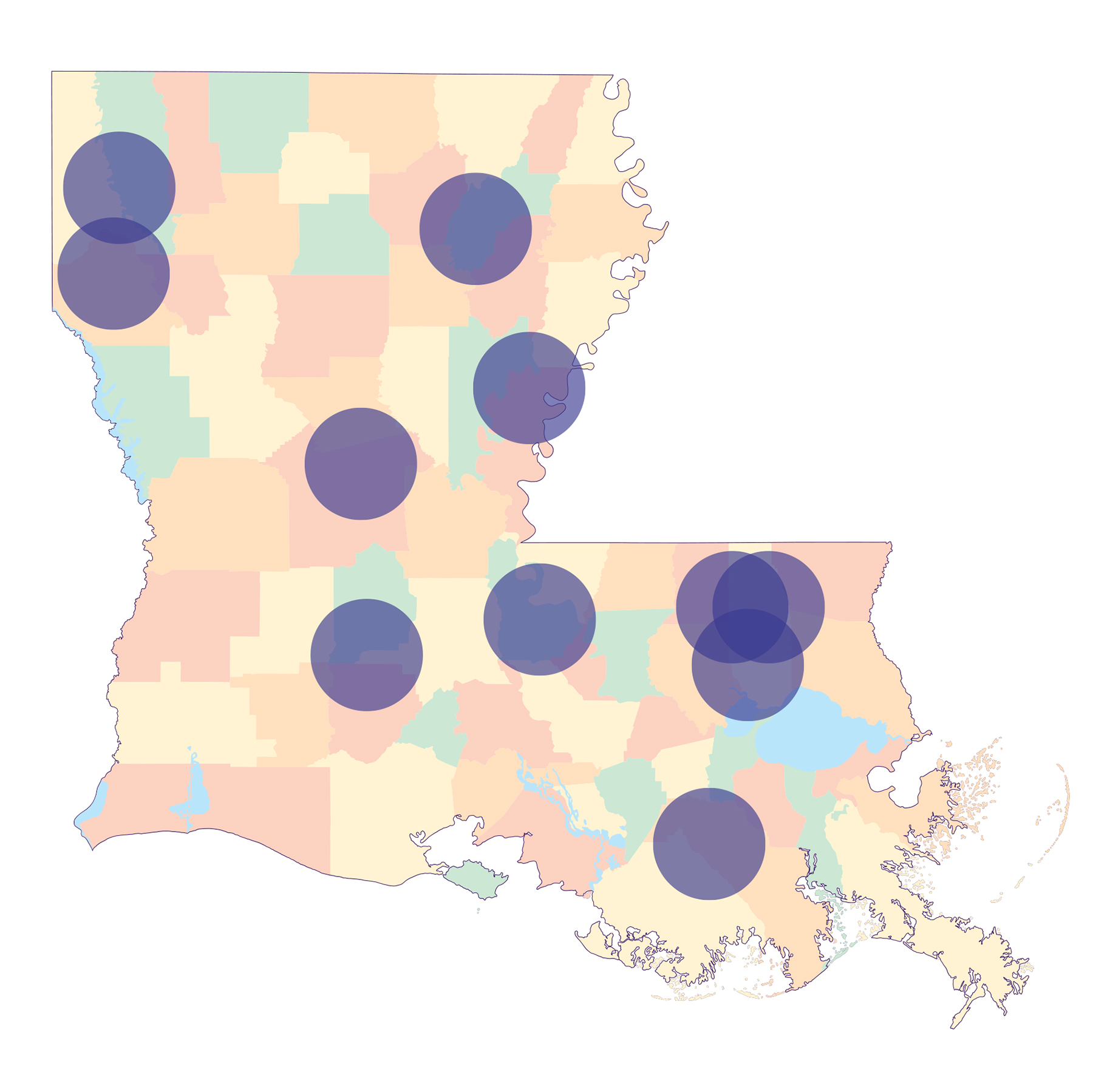 Map of rurally placed graduates of the LSU Health New Orleans' Rural Track Scholars program in dentistry.